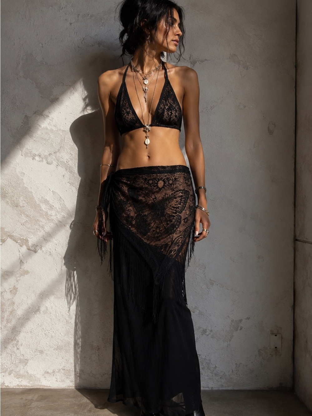 Black Butterfly Lace Fringe Sheer Sarong Wrap Skirt